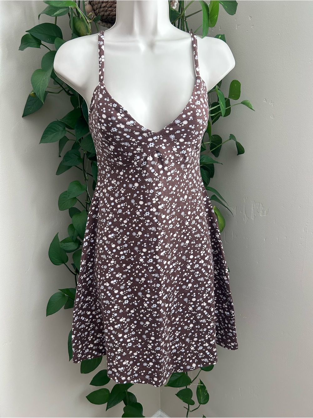 Brown Floral V-Neck Mini Dress with adjustable Spaghetti Straps